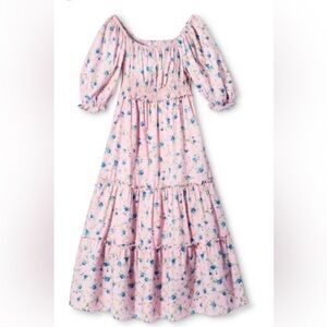 Love Shack Fancy Floral Pink Blue Midi Ruffled Smocked Dress small